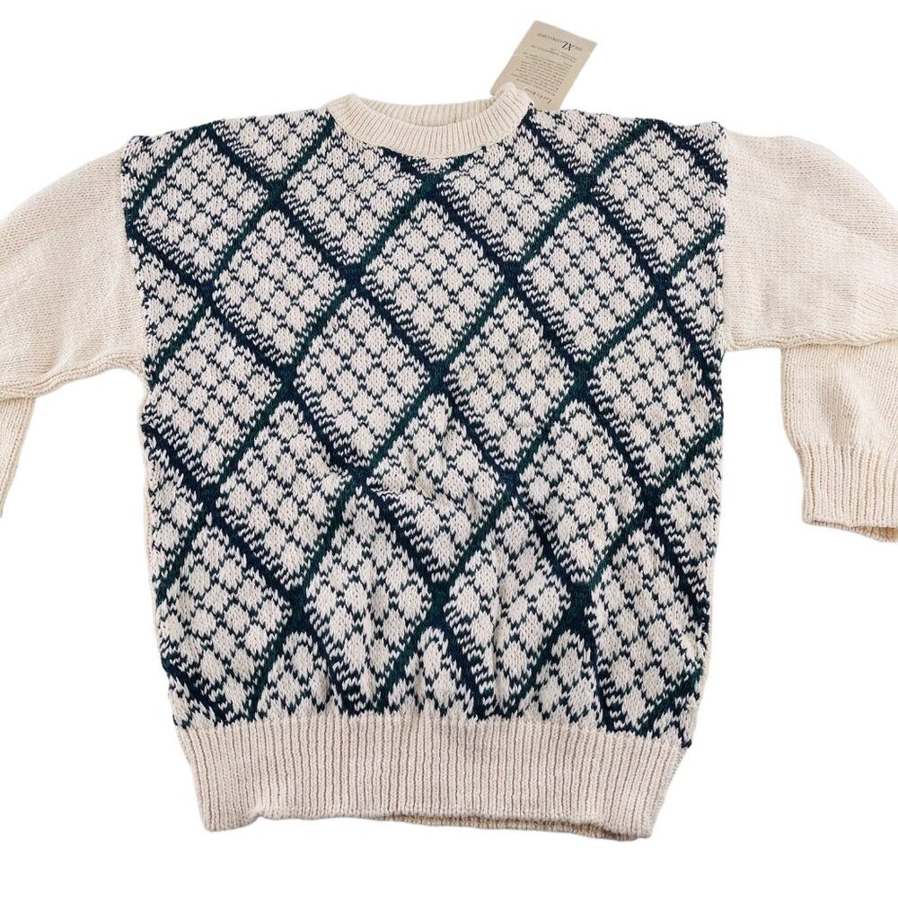 Ash Creek Trading XL Fair Isle Sweater 100% Cotton Ivory & Navy Diamond Pattern